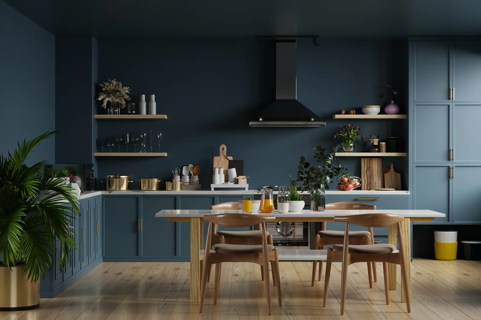 Kitchen with deep blue painted cabinets and open wood shelves
