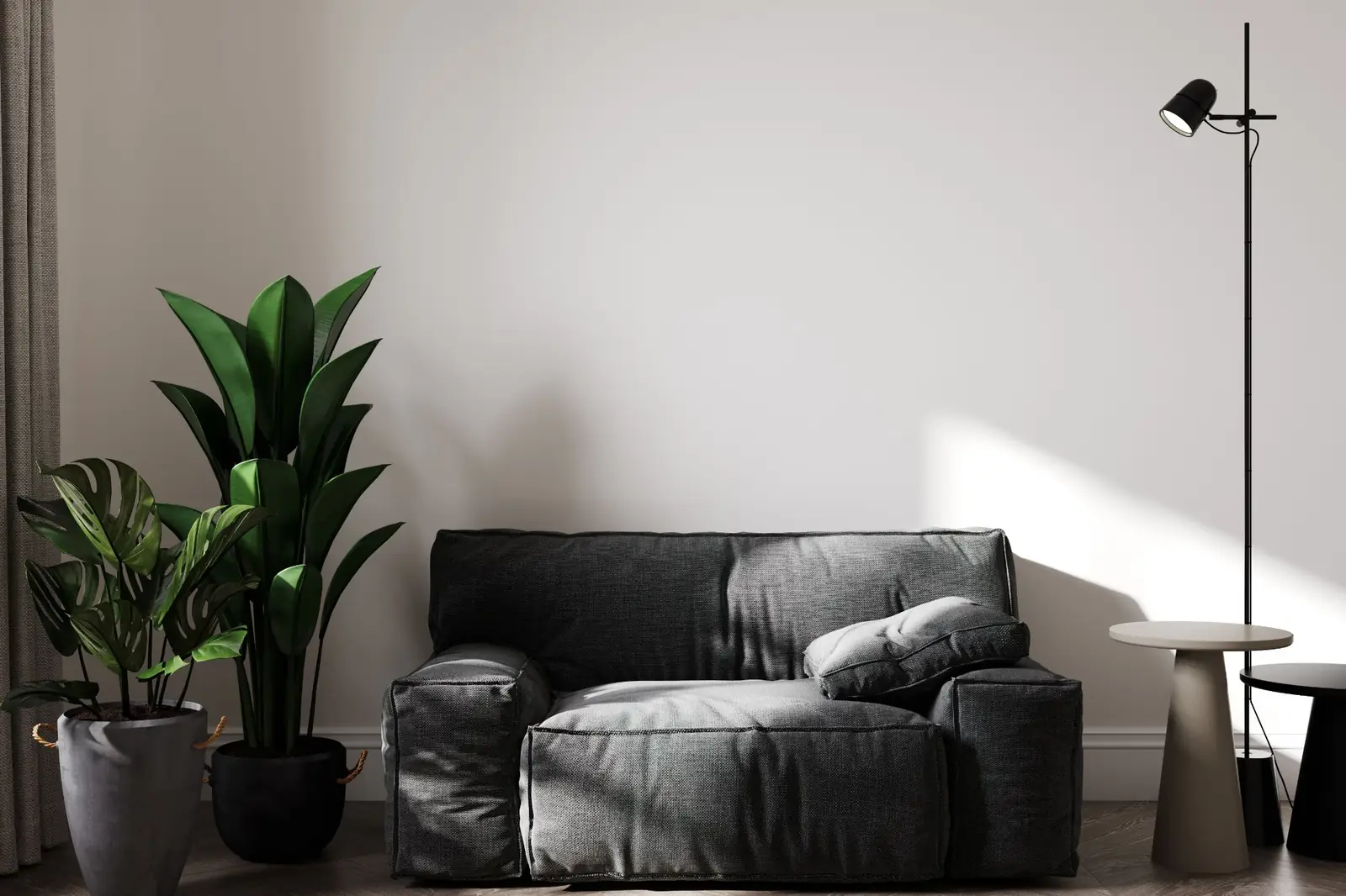 Living room with smooth off-white walls, a charcoal sofa, plants and a black floor lamp