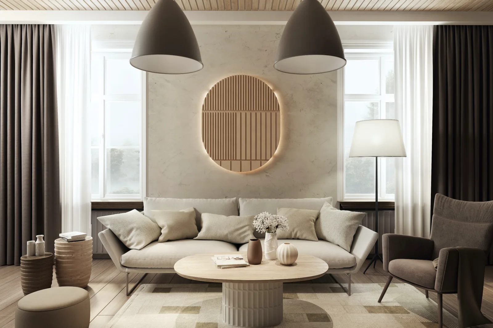 Warm neutral living room with a soft plaster-look wall, cream sofa, taupe curtains and wood ceiling
