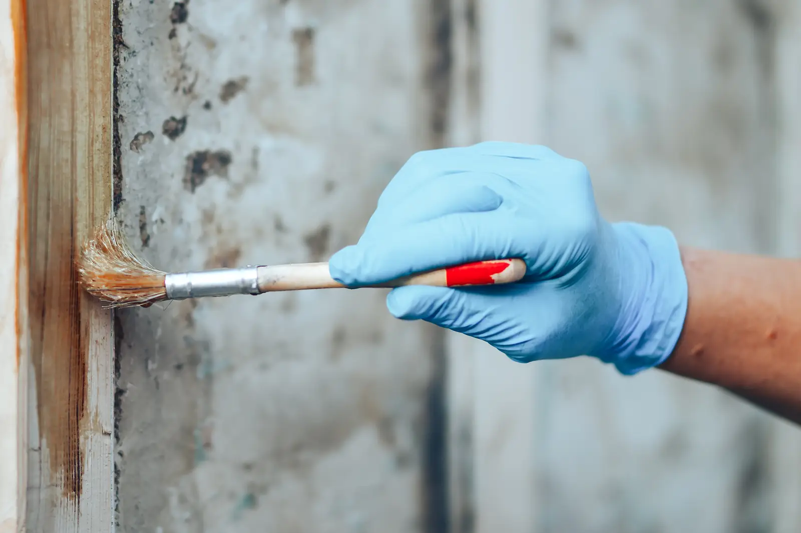 Gloved hand brushing a finish onto weathered wood